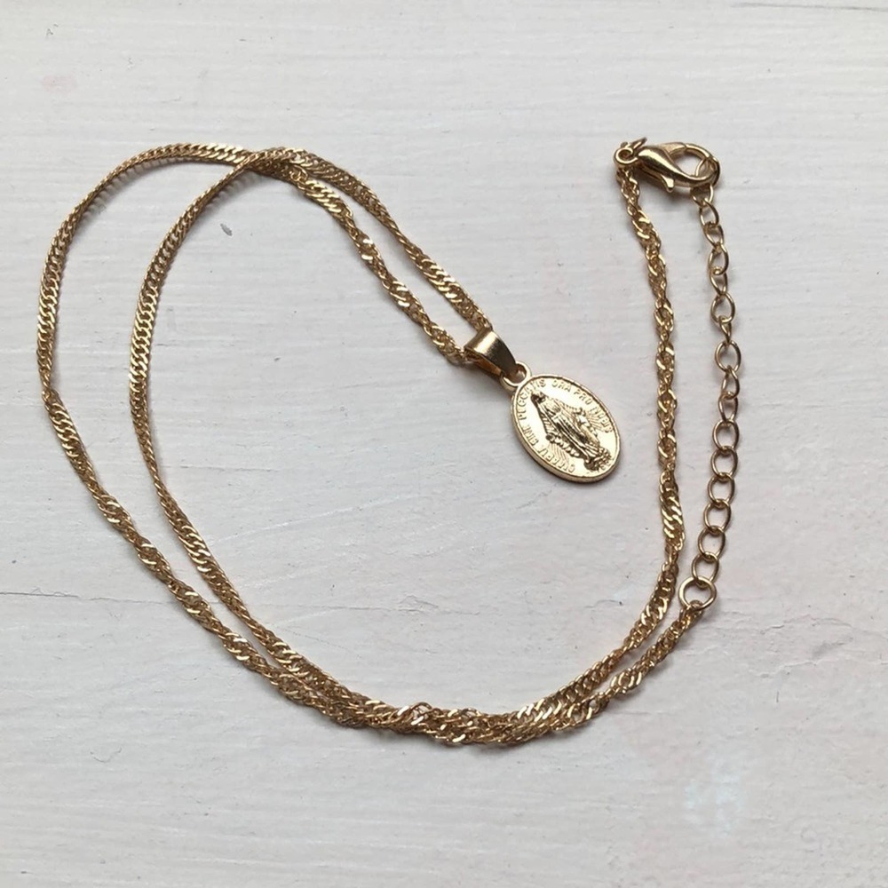 Mother Mary Gold Tone Chain Charm Necklace Catholic